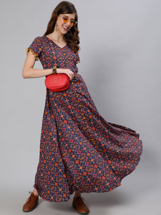 Women's Blue Patola Print Flared Maxi Dress