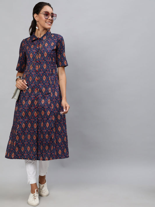 Women's Blue Patola Print A-Line Kurta