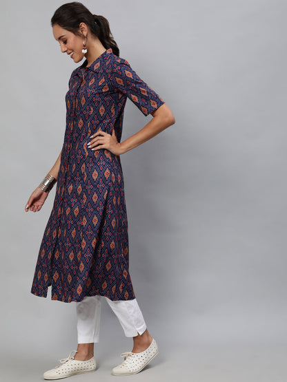 Women's Blue Patola Print A-Line Kurta