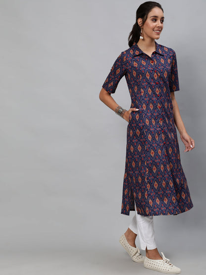 Women's Blue Patola Print A-Line Kurta