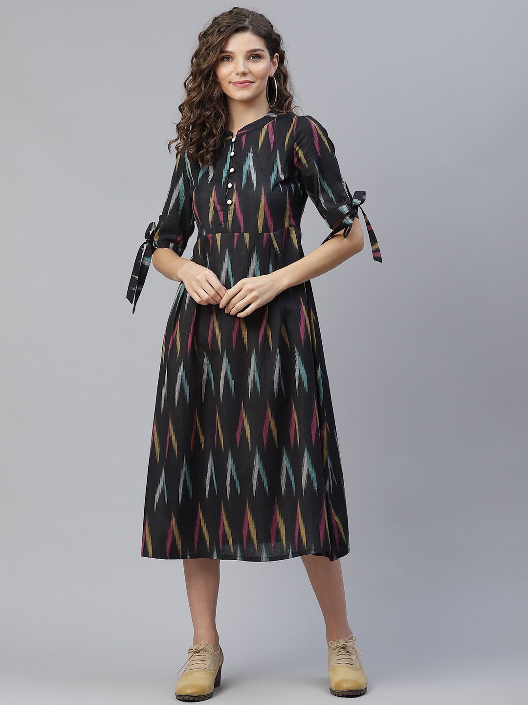 Women's Black Ikat A-Line Midi Dress