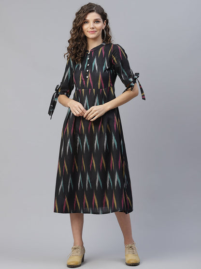 Women's Black Ikat A-Line Midi Dress