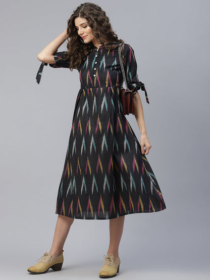 Women's Black Ikat A-Line Midi Dress
