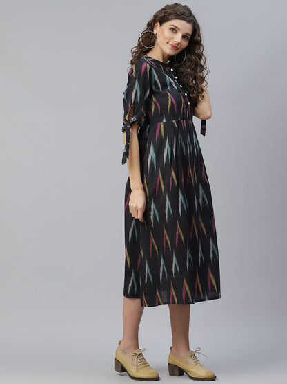 Women's Black Ikat A-Line Midi Dress