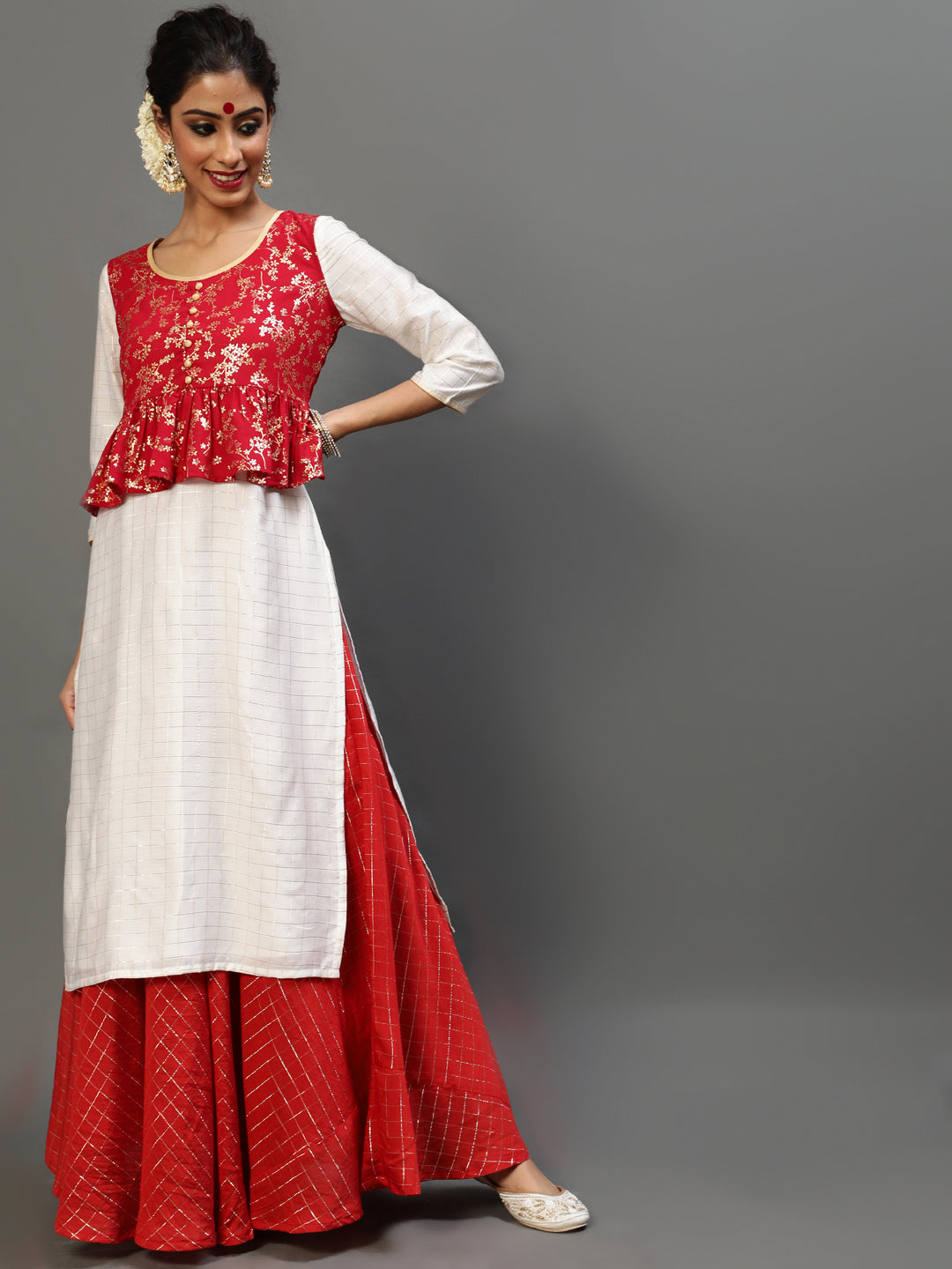 Women's Red Gold Printed Kurta With Jacket