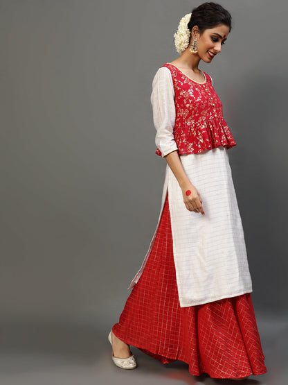 Women's Red Gold Printed Kurta With Jacket