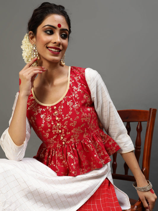 Women's Red Gold Printed Kurta With Jacket