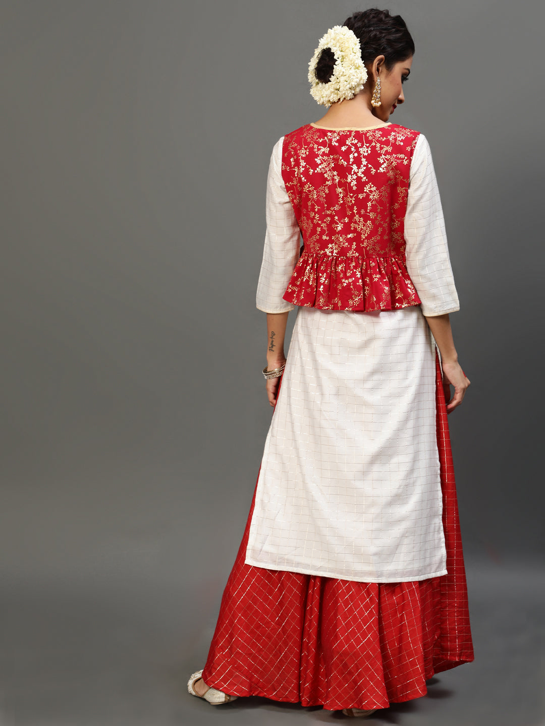 Women's Red Gold Printed Kurta With Jacket