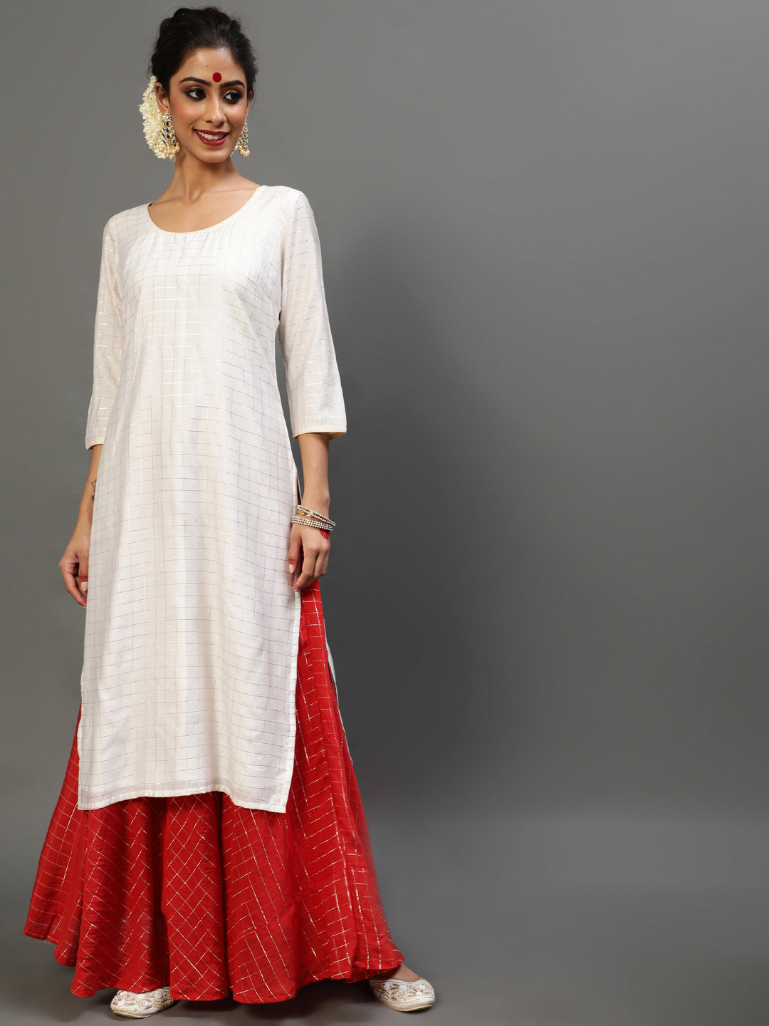 Women's Red Gold Printed Kurta With Jacket