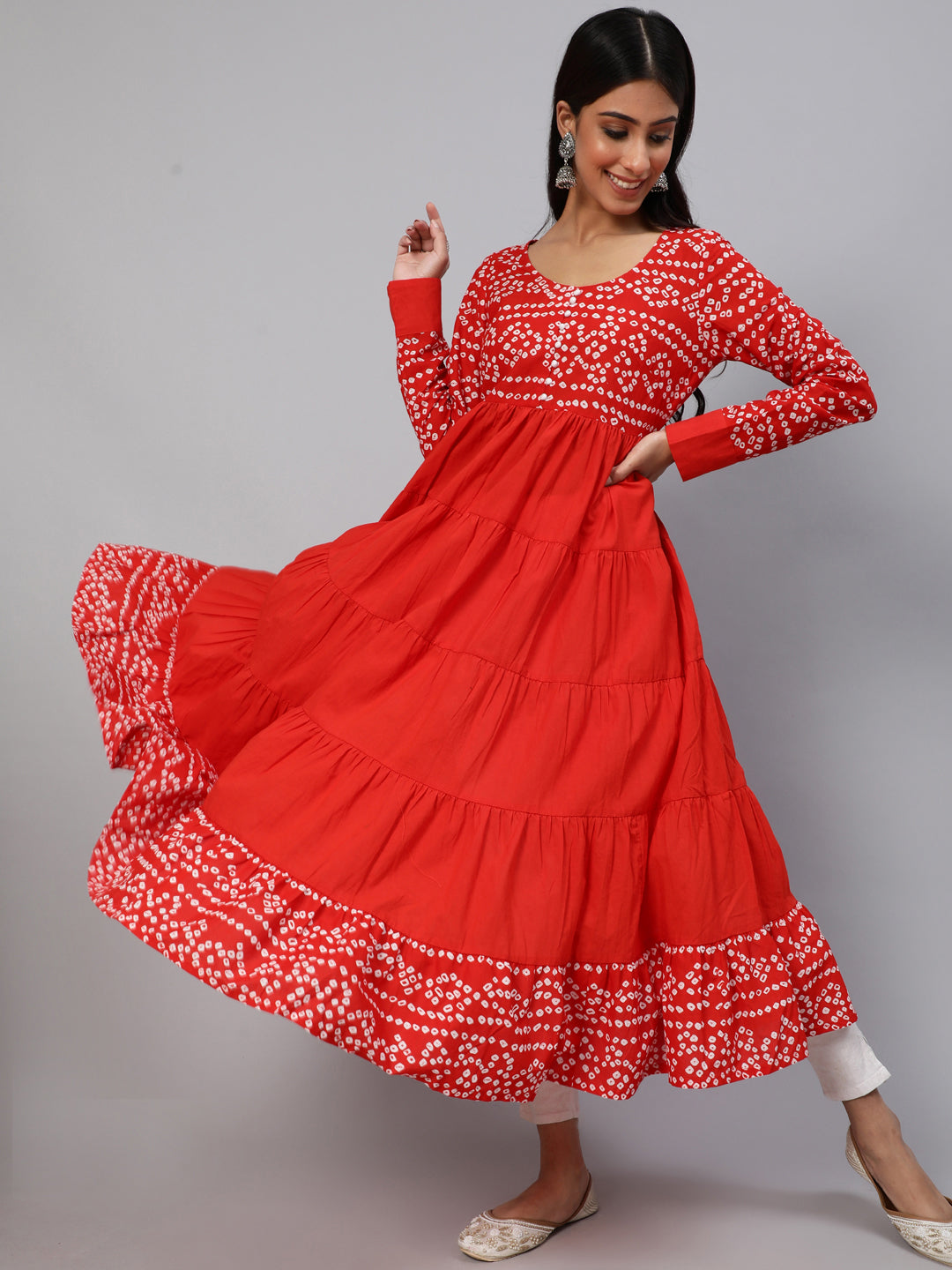 Women's Red Bandhani Print Tiered Anarkali