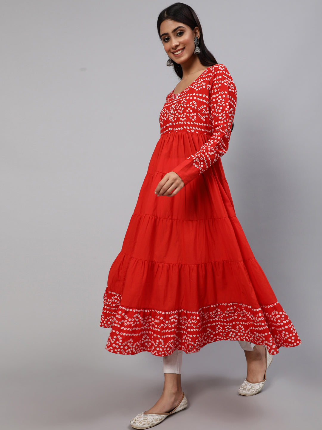 Women's Red Bandhani Print Tiered Anarkali