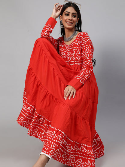 Women's Red Bandhani Print Tiered Anarkali