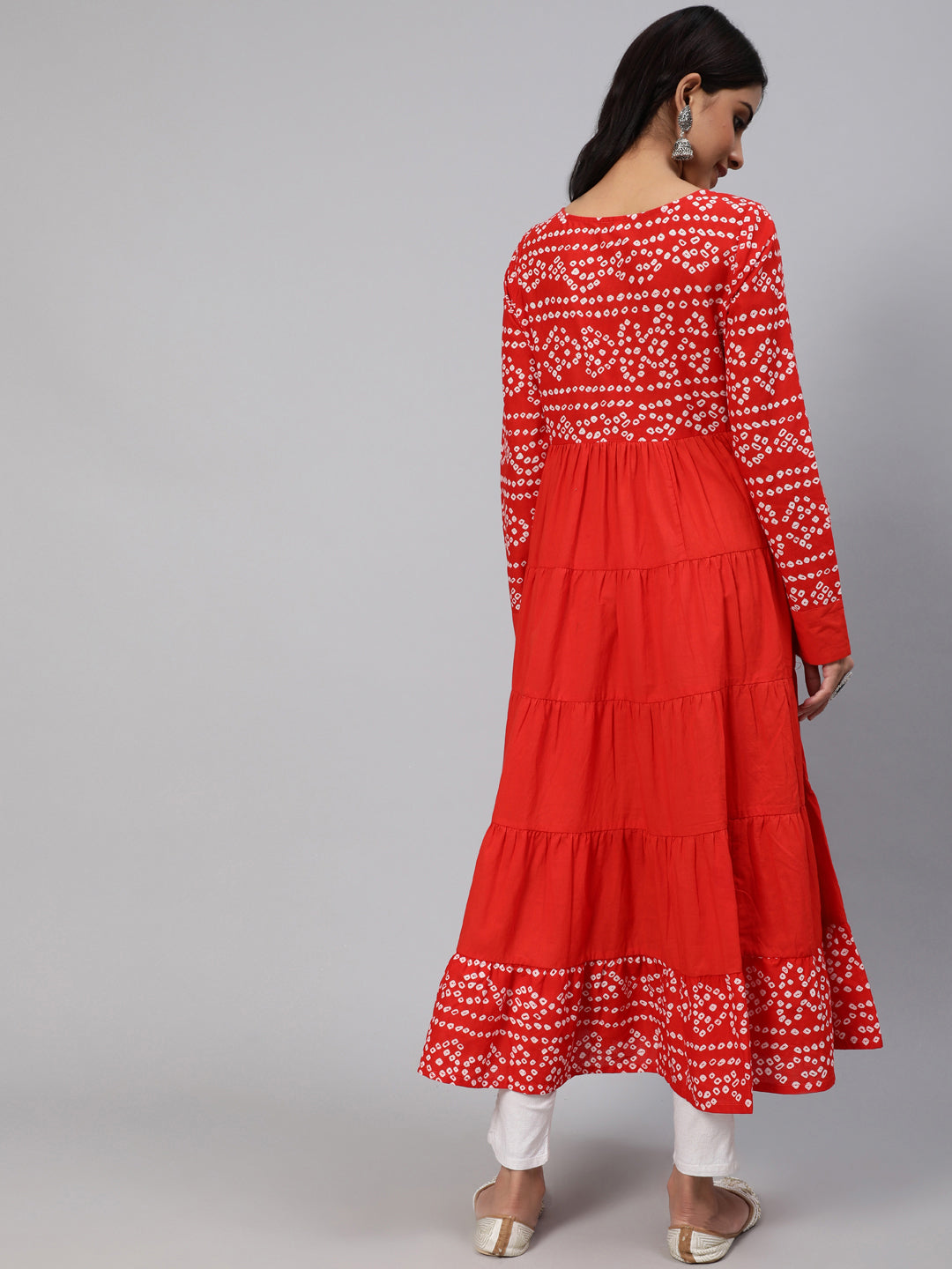 Women's Red Bandhani Print Tiered Anarkali