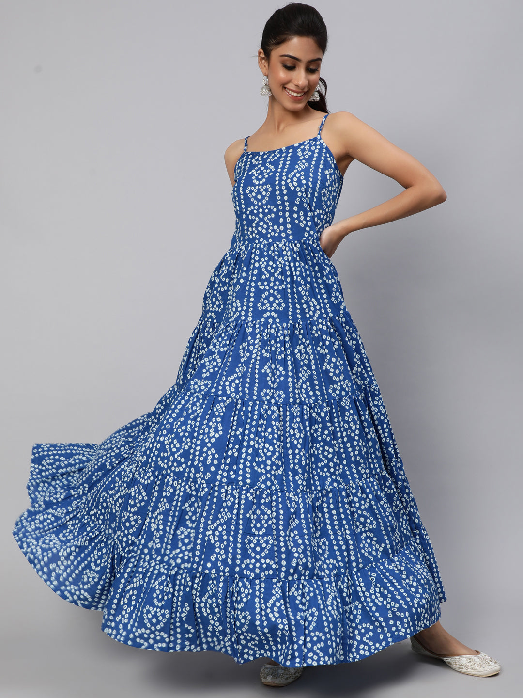 Women's Blue Bandhani Print Tiered Maxi Dress