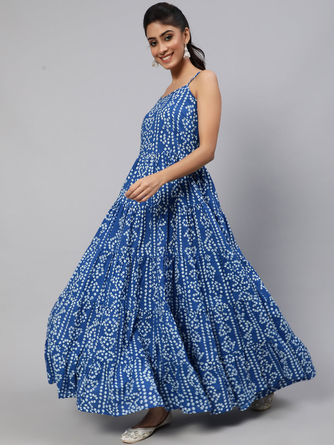 Women's Blue Bandhani Print Tiered Maxi Dress