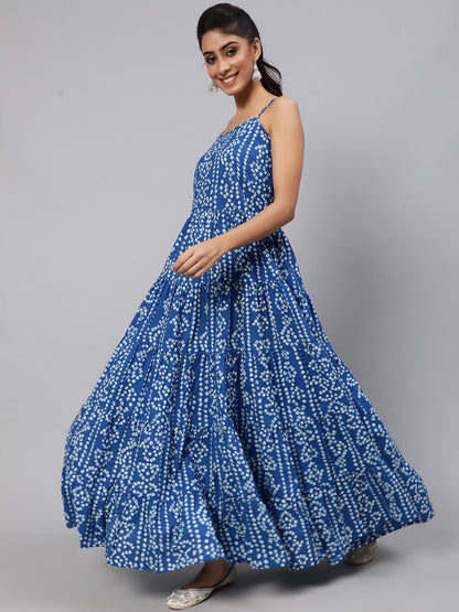 Women's Blue Bandhani Print Tiered Maxi Dress