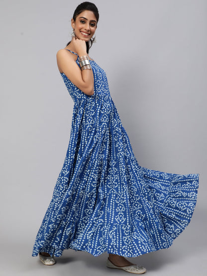 Women's Blue Bandhani Print Tiered Maxi Dress