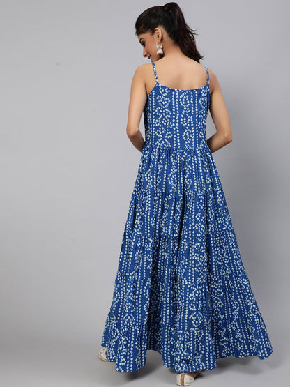 Women's Blue Bandhani Print Tiered Maxi Dress