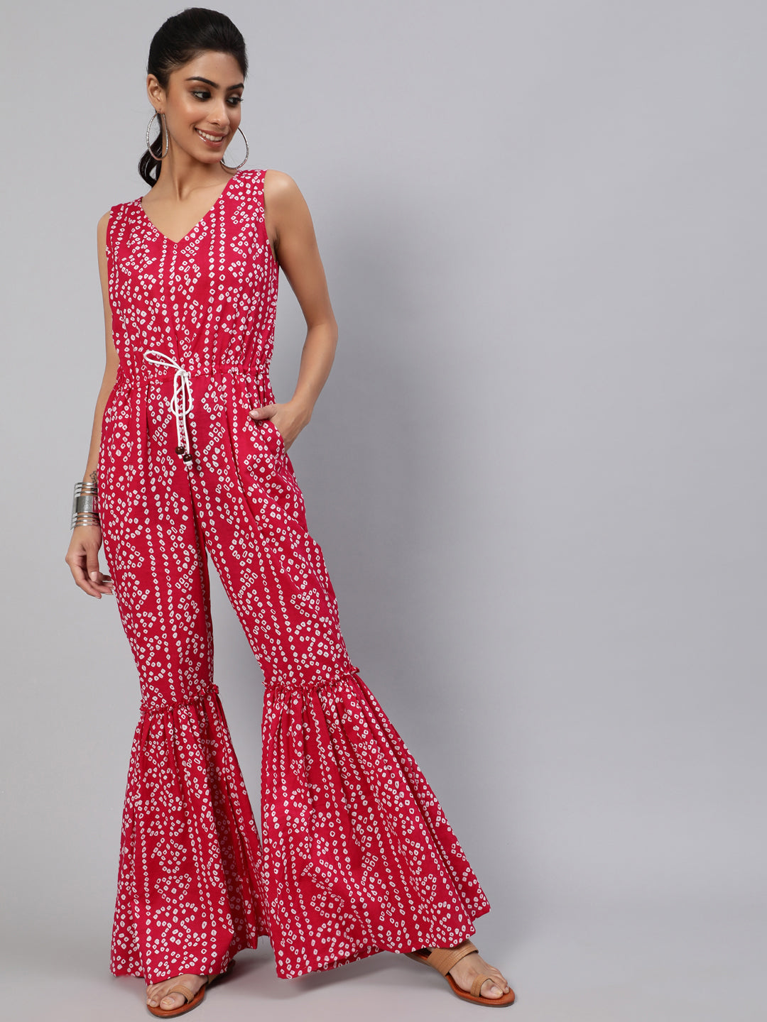 Women's Pink Printed Flared Jumpsuit