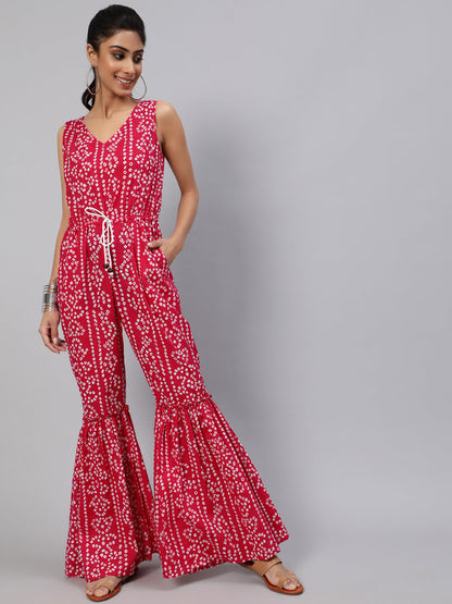 Women's Pink Printed Flared Jumpsuit