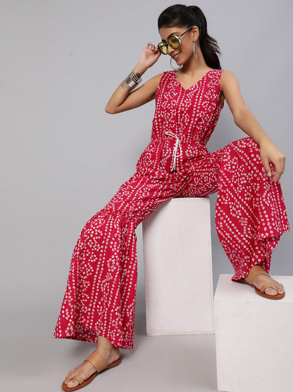 Women's Pink Printed Flared Jumpsuit