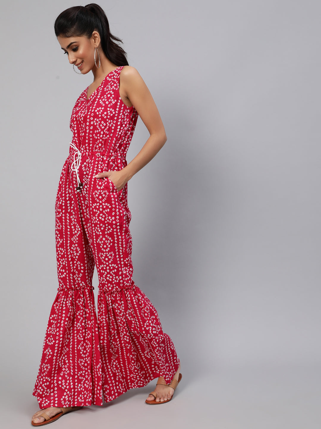 Women's Pink Printed Flared Jumpsuit