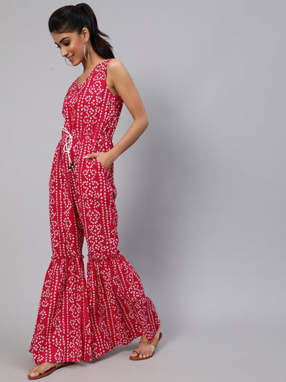 Women's Pink Printed Flared Jumpsuit