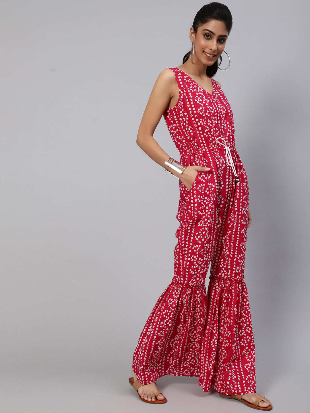 Women's Pink Printed Flared Jumpsuit