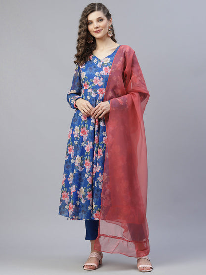 Women's Blue Floral Print Anarkali With Dupatta