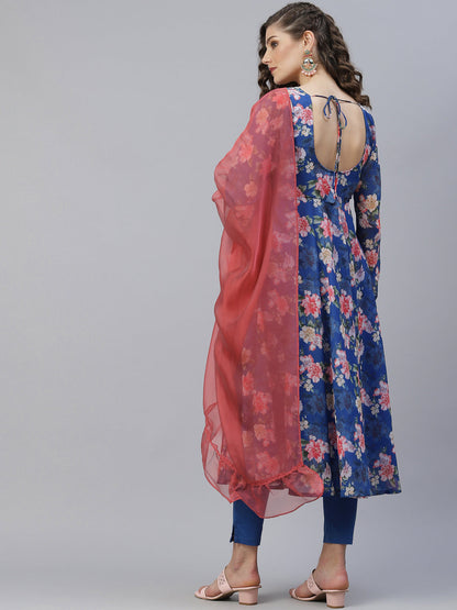 Women's Blue Floral Print Anarkali With Dupatta