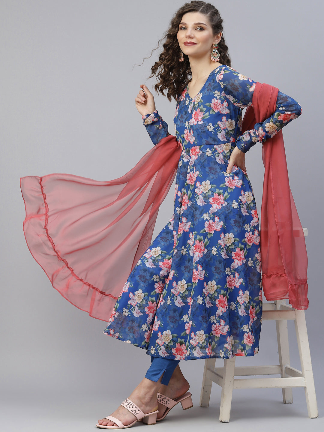 Women's Blue Floral Print Anarkali With Dupatta