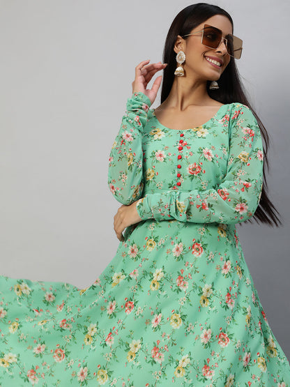 Women's Green Floral Printed Anarkali Kurta