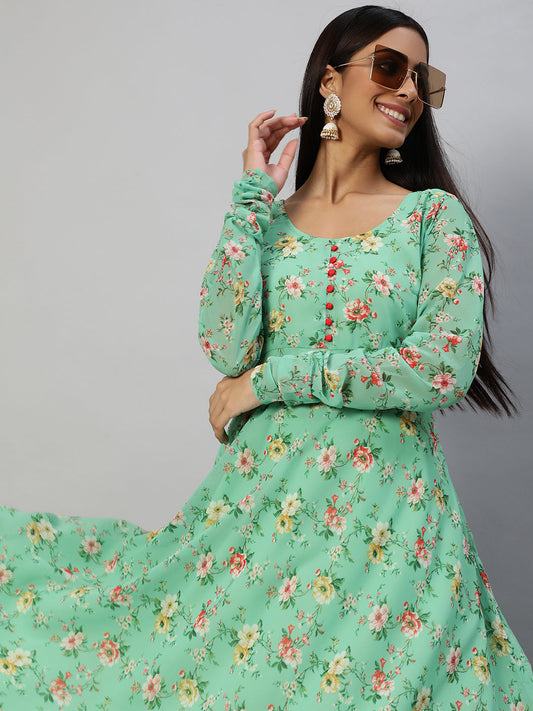 Women's Green Floral Printed Anarkali Kurta