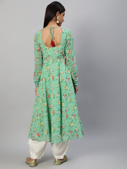 Women's Green Floral Printed Anarkali Kurta