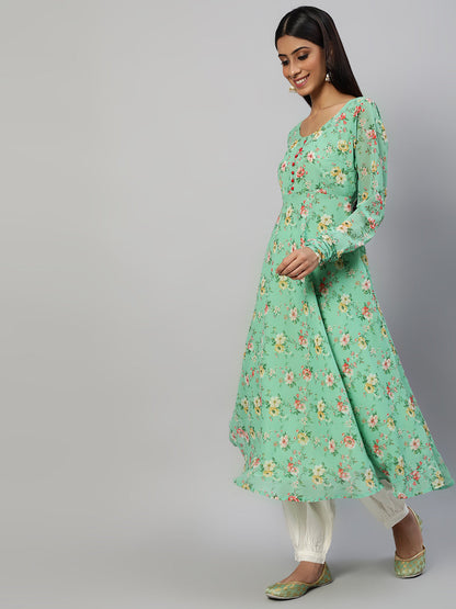 Women's Green Floral Printed Anarkali Kurta