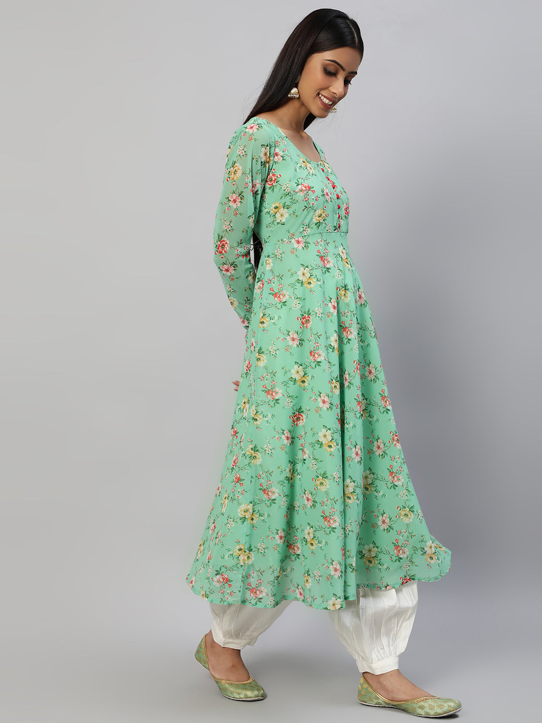 Women's Green Floral Printed Anarkali Kurta