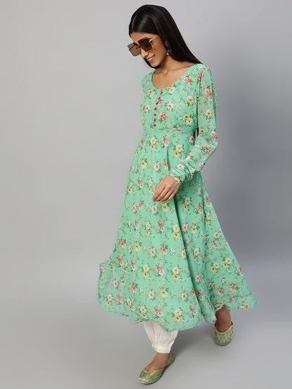 Women's Green Floral Printed Anarkali Kurta