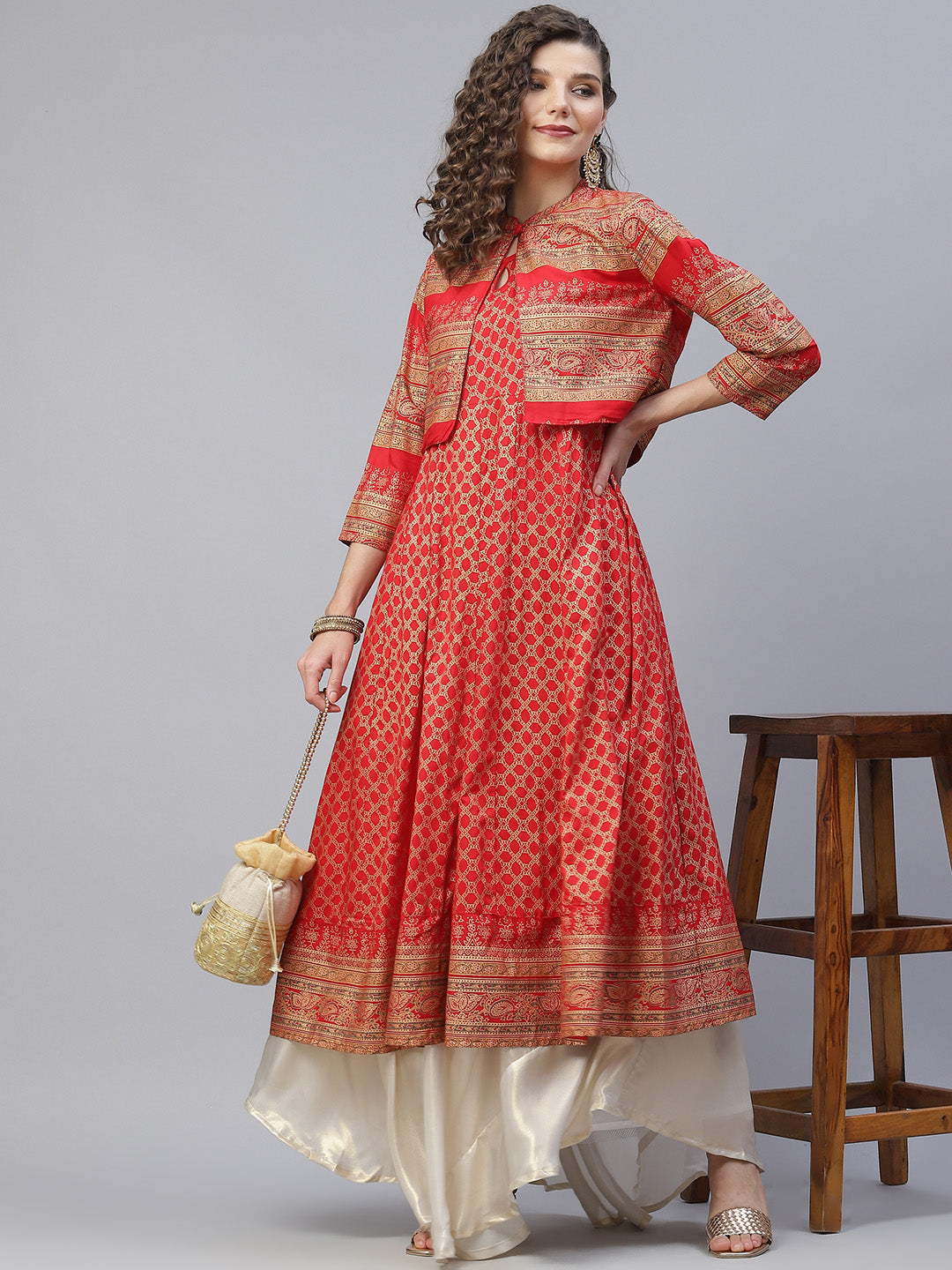 Women's Red Gold Print Anarkali With Jacket