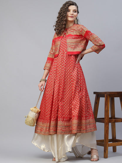 Women's Red Gold Print Anarkali With Jacket