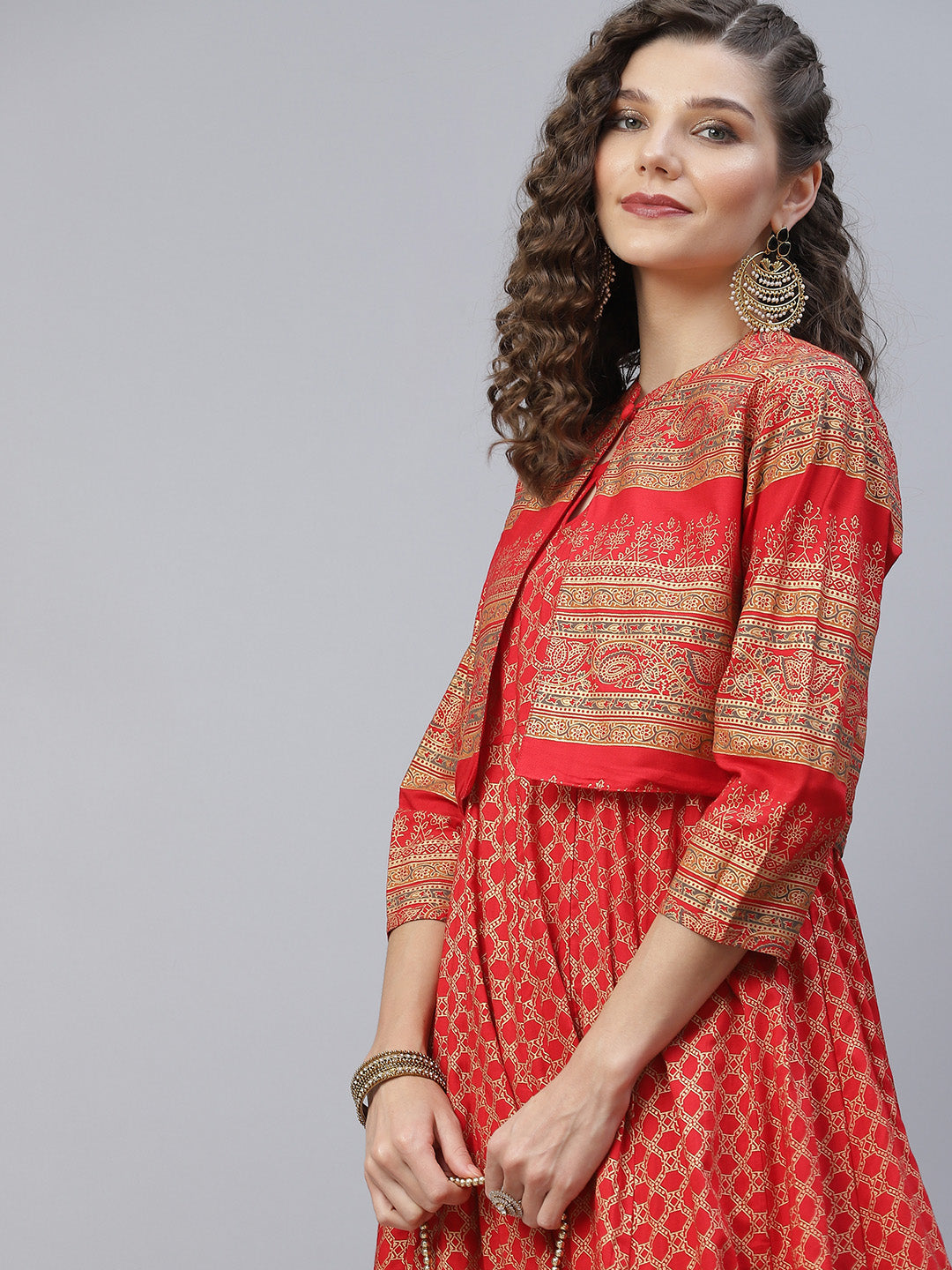 Women's Red Gold Print Anarkali With Jacket