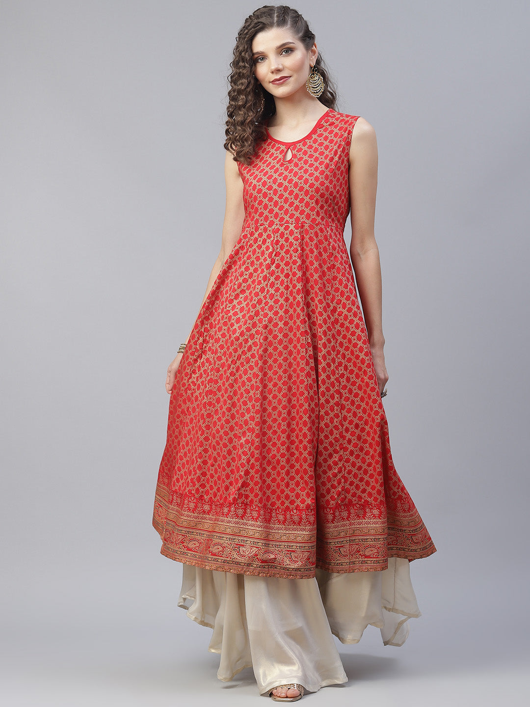 Women's Red Gold Print Anarkali With Jacket