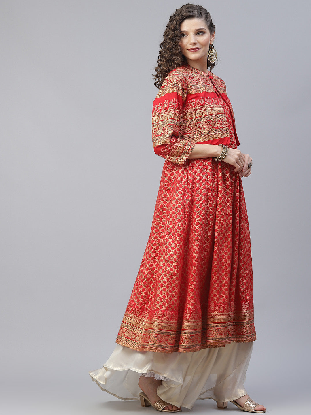 Women's Red Gold Print Anarkali With Jacket