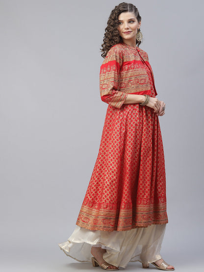 Women's Red Gold Print Anarkali With Jacket