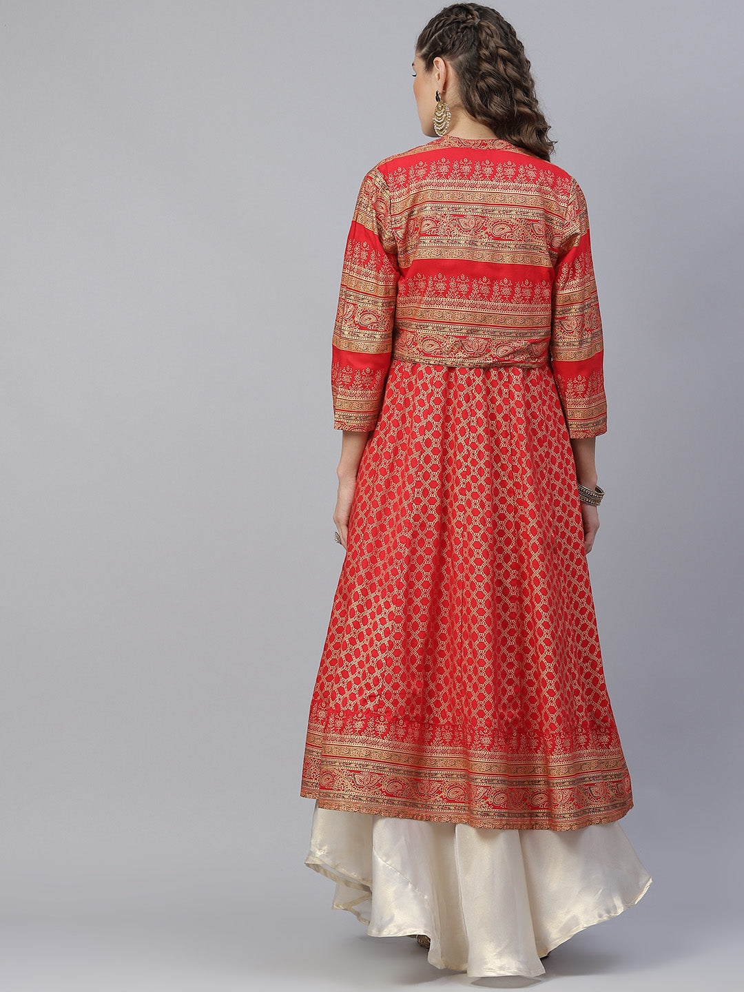 Women's Red Gold Print Anarkali With Jacket