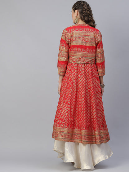 Women's Red Gold Print Anarkali With Jacket