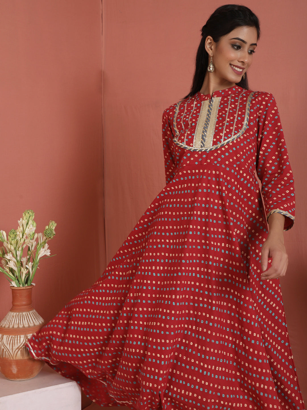 Women's Red Bandhani Print Anarkali