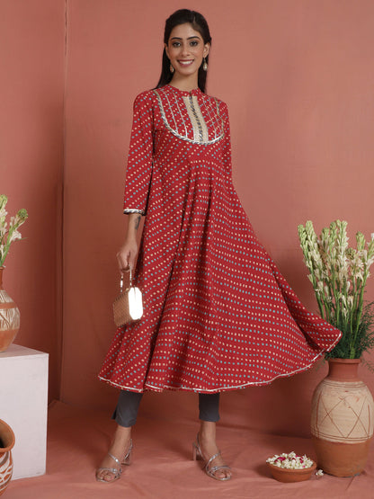 Women's Red Bandhani Print Anarkali