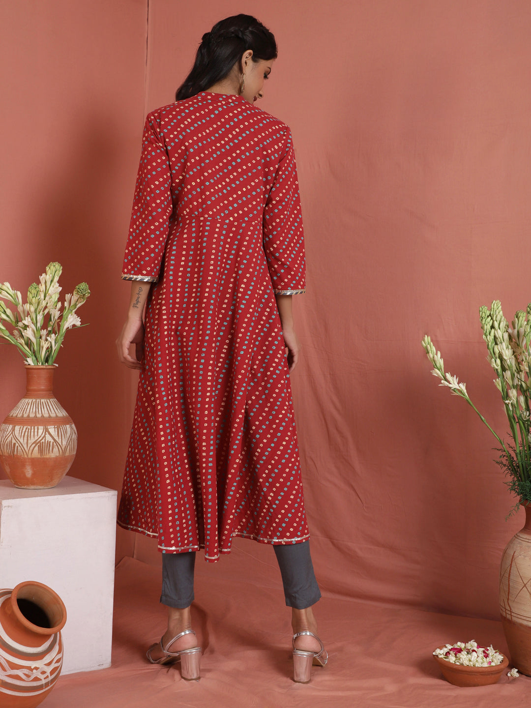 Women's Red Bandhani Print Anarkali