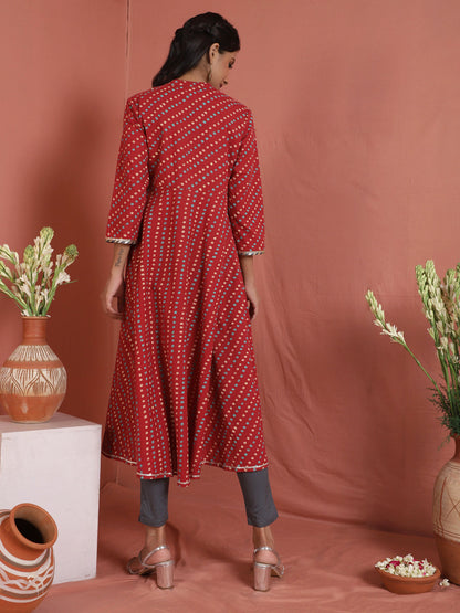 Women's Red Bandhani Print Anarkali