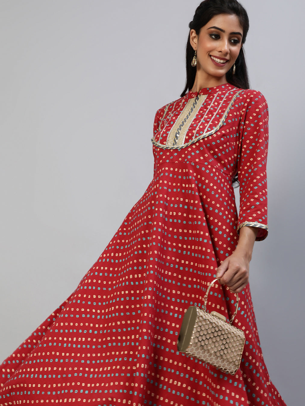 Women's Red Bandhani Print Anarkali